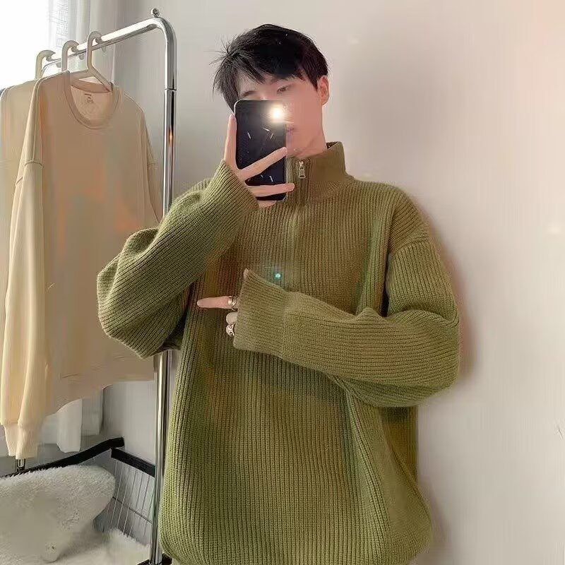 Moletom masculino estilo americano com meio zíper e detalhes destroyed