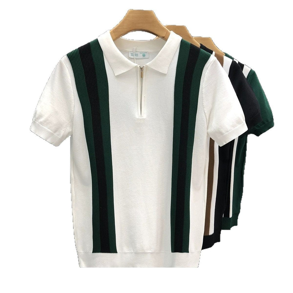 Blusa de malha com lapelas em cores contrastantes e meio zíper.