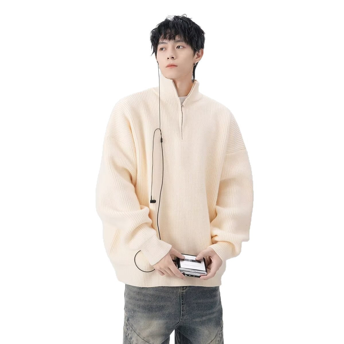 Moletom masculino estilo americano com meio zíper e detalhes destroyed